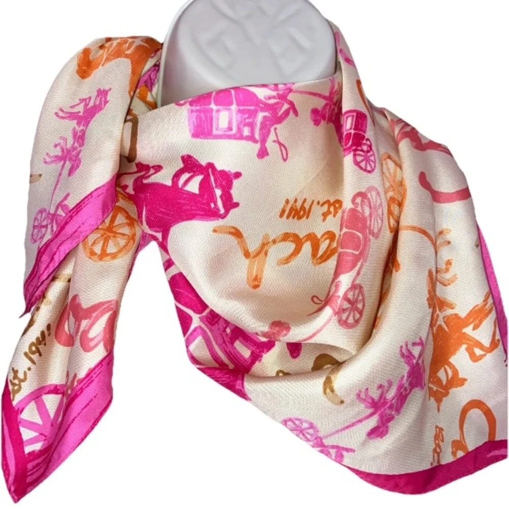 Coach Signature Horse & Carriage Printed Silk Print Square Scarf Womens Pink 26”